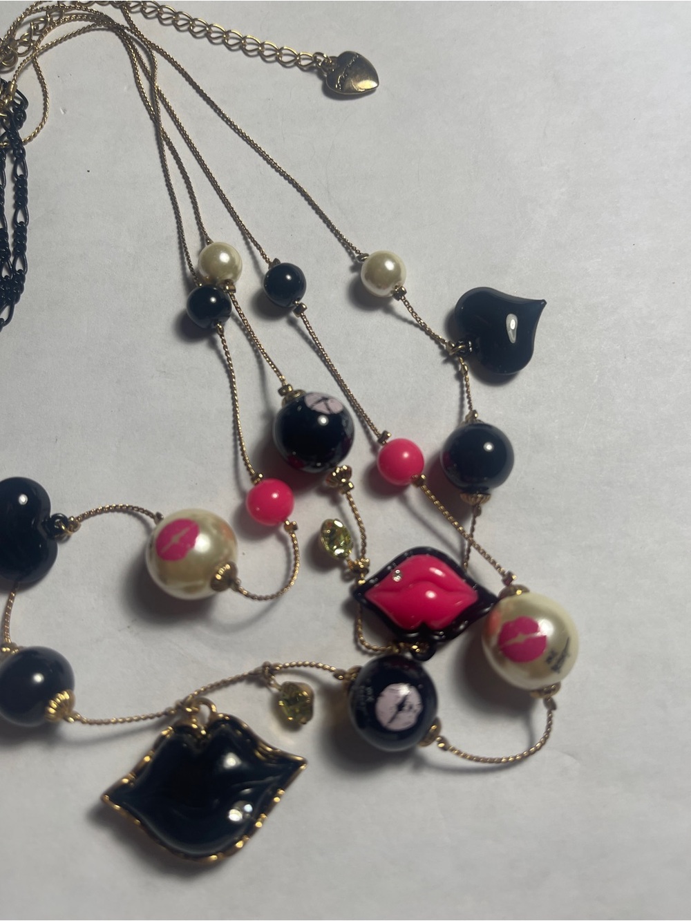 Betsey Johnson Black and Hot Pink Multi-Strand Lip Pendant Necklace